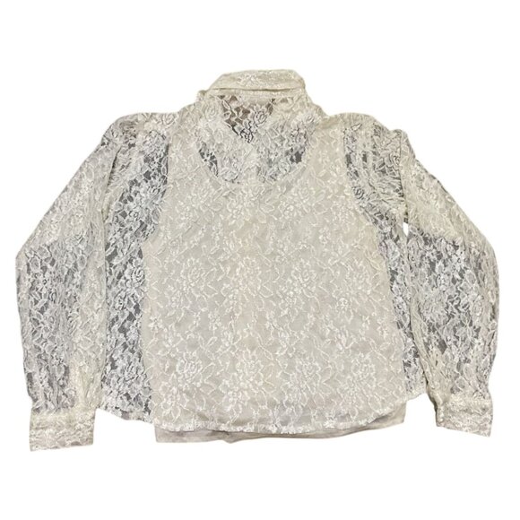 Christie & Jill Cream Ivory Lace Button-Up Blouse Size L Polyester/Nylon Womens - Picture 4 of 4